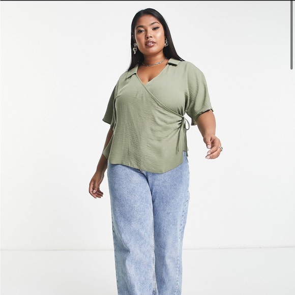 ASOS DESIGN Curve collared wrap blouse in khaki - Picture 4 of 7